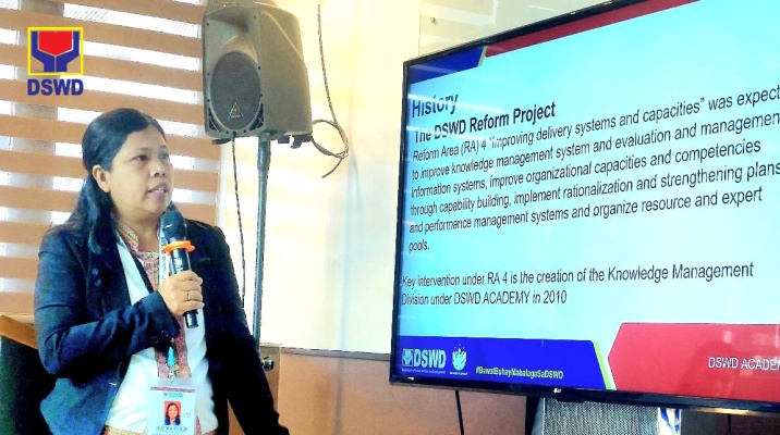 MS. NORILIX M. RAZALAN presents the DSWD Knowledge Management Journey as part of the benchmarking for the Department of Labor and Employment (DOLE) Regional Office XI at the DSWD Academy, Taguig City.